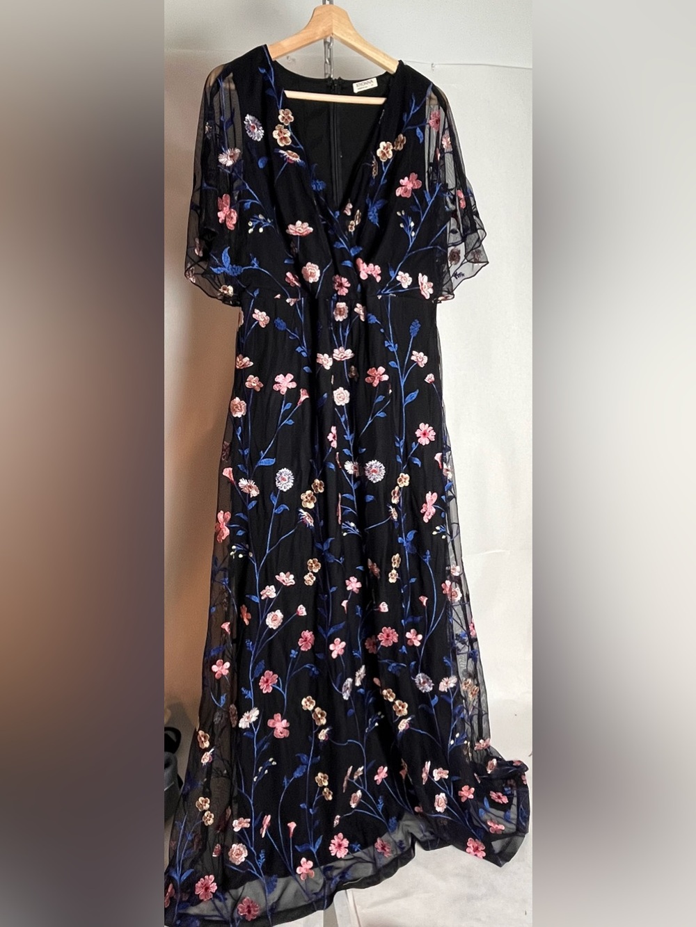 Kiyonna Black Chiffon Dress with Pink & Blue Floral Embroidery